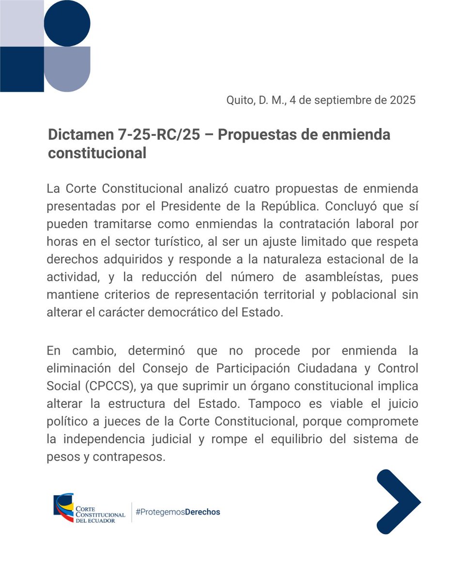 ⚖️ <a href="/CorteConstEcu/">Corte Constitucional</a>    determina que no procede eliminación <a href="/CpccsEc/">Participa Ecuador</a>, porque?: 

- Implica un cambio en la estructura del Estado.
- Afecta el sistema de pesos y contrapesos, lo que tiene implicaciones políticas.
- Se requiere una Asamblea Constituyente, no una simple enmienda.