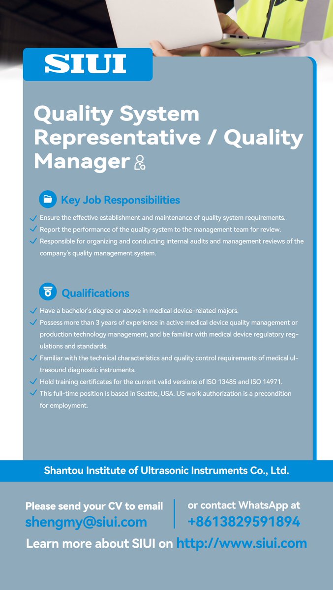 SIUIHealthcare's tweet image. SIUI USA office has ongoing needs for hiring quality inspectors, quality system representatives, and quality managers. Check the posters for detailed requirements and send your CV to join us!

#Recruitment #Job #Career #Hiring #Ultrasound #DR #MedicalDevice