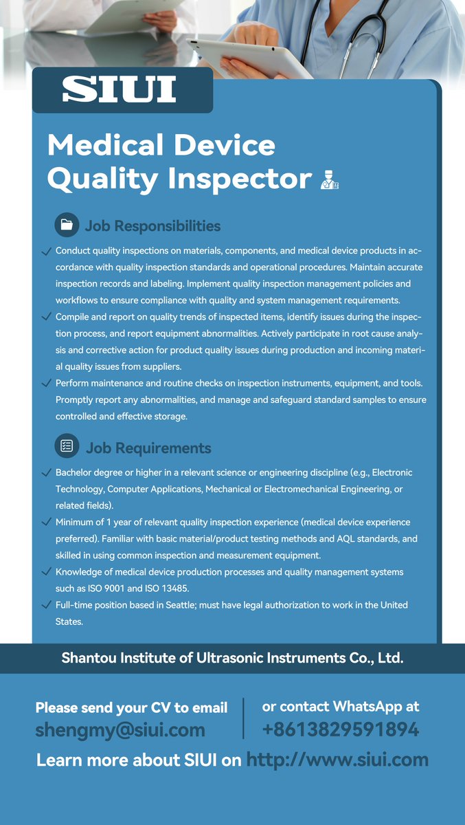 SIUIHealthcare's tweet image. SIUI USA office has ongoing needs for hiring quality inspectors, quality system representatives, and quality managers. Check the posters for detailed requirements and send your CV to join us!

#Recruitment #Job #Career #Hiring #Ultrasound #DR #MedicalDevice
