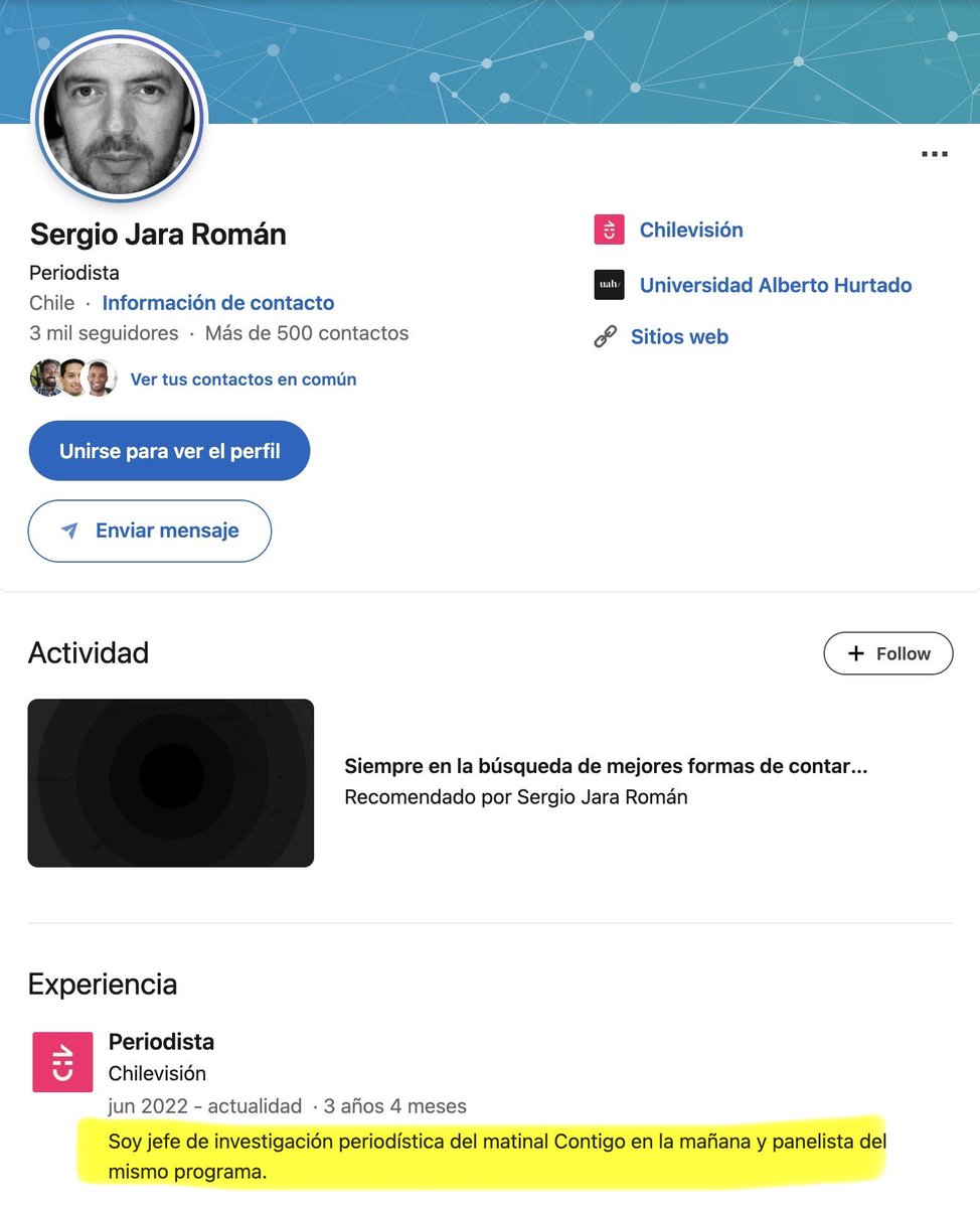 DRESTRUM__Pl's tweet photo. 🔴 AHORA | CONFIRMADO:
Sergio Jara Román modificó su información de LinkedIn luego de que se descubriera que trabaja como jefe de investigación en @chilevision. ☠️
 ¿Por qué tan nervioso si no tiene “nada que ver” con el reportaje? https://t.co/uIOwXNP3ol