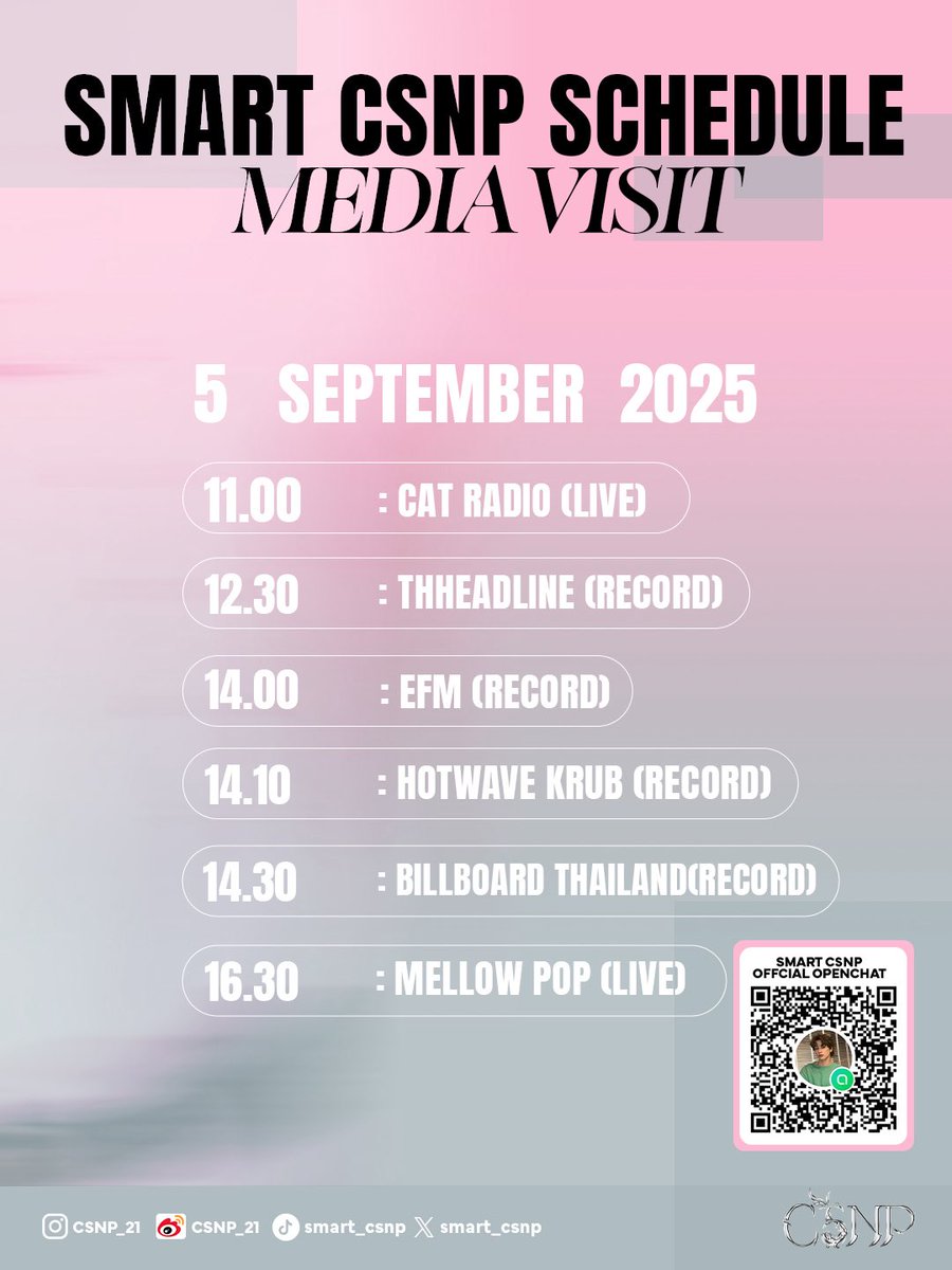 Watch #CSNP on today's media visit through these links 🩷🫷

CAT RADIO 
thisiscat.com/news
THHEADLINE 
youtube.com/@thheadline?si…
EFM
radio-thai.com/efm
HOTWAVEKRUB
instagram.com/hotwave_offici…
Billboard Thailand
instagram.com/billboardthail…
MELLOW POP
mellowpop.mcot.net/home