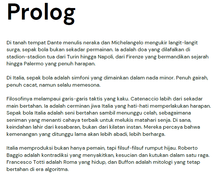 KAMI MENULIS MAKA KAMI ADA

Kami menulis, dan kami percaya teks panjang masih &amp; harus tetap eksis. 

Ini screenshot prolognya. Tulisan tentang mitos bernama Davide Nicola, duet imajiner Crespo &amp; Batigol, Sacchi, Buffon dll.

Silahkan dibeli di sini: 

ngalcio-infoseriea.myr.id/ebook/italia-k…