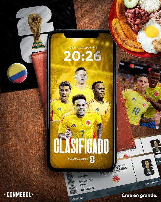A smartphone displaying five Colombia National Team soccer players in yellow jerseys, including visible numbers 7 and 10. The screen shows text reading 