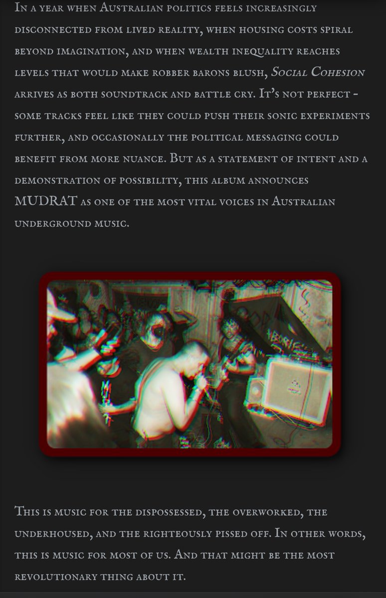 MUDRATmp3's tweet photo. This incredibly well written review of SOCIAL COHESION by Mark Jenkins of Devils Horns Zine moved me to tears. Full article linked below https://t.co/G6vrrxL97g