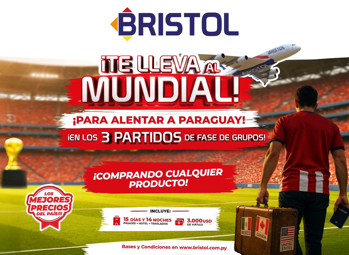 Ya estamos en el MUNDIAL!!!!!!!!
Con Bristol vamos a alentar al León Guarani!! 
La selección ya está en EEUU, México y Canadá!! 
Paraguay va a rugir en el mundialllll

#BristolTeLleva #VamosParaguay