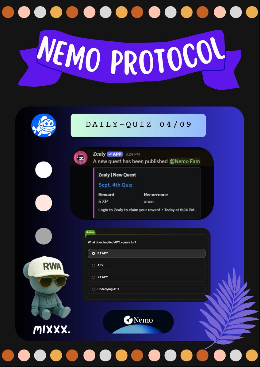 Mixxkym1223's tweet image. NEMO @nemoprotocol

Daily-Quiz 04/09/25

What does implied APY equals to  ?
- PT APY

 #NEMO #Nemoprotocol #Dailyquiz