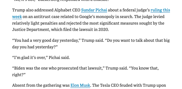 Wow, Trump publicly kissed up to Google CEO Sundar Pichai blamed the antitrust suit against Google on Biden. 

“Biden was the one who prosecuted that lawsuit,” Trump said. “You know that, right?”
wsj.com/politics/trump…