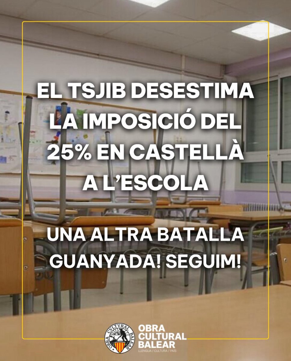 Kike Amonarriz (@kikeamonarriz) on Twitter photo Baleareetatik, aldiz, albiste on bat:
Baleareetako Justizia Auzitegi Nagusiak atzera bota du, bertako eskoletan gaztelaniaren % 25eko inposizioa eskatzen zuen eskuin muturreko taldexka baten asmoa. Zorionak <a href="/ocbcat/">Obra Cultural Balear</a>! Baleareetatik, aldiz, albiste on bat:
Baleareetako Justizia Auzitegi Nagusiak atzera bota du, bertako eskoletan gaztelaniaren % 25eko inposizioa eskatzen zuen eskuin muturreko taldexka baten asmoa. Zorionak <a href="/ocbcat/">Obra Cultural Balear</a>!