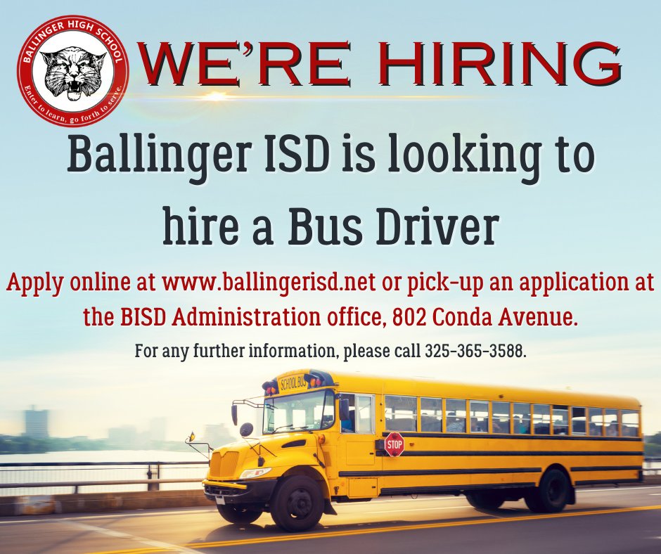 BallingerHigh's tweet image. We are hiring bus drivers!  Please contact Tyler Frey at tyler.frey@ballingerisd.net.  edl.io/n2039800