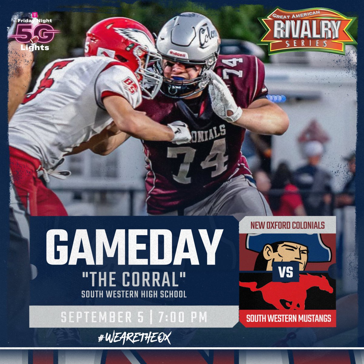 This isn’t just another Friday night. 🏈🔥
New Oxford vs. South Western, the rivalry continues TONIGHT!
Bring the energy. Bring the pride. Let’s pack the stands and back the Ox!
#wearetheox <a href="/TMobile/">T-Mobile</a> #FN5GL #Sweepstakes <a href="/NewOx_Athletics/">New Oxford Athletics</a> <a href="/AmericanRivalry/">Great American Rivalry Series</a> #WeKnowFridayNights