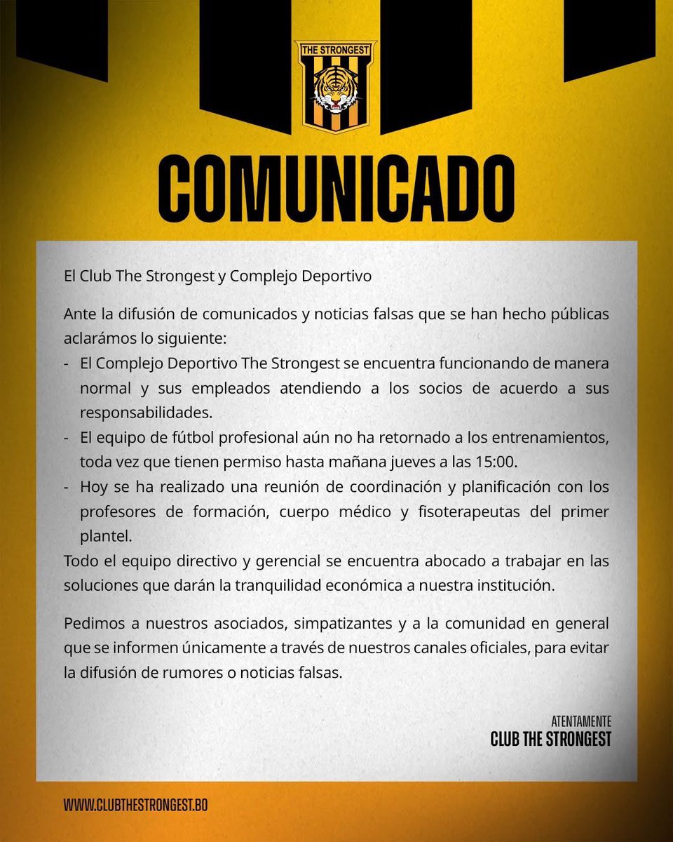 Juan Pablo Chamón (@chamonjp) on Twitter photo Este comunicado fue la verdadera mentira.
Hoy el plantel no entrenó por falta de pago. Y aunque Terrazas consiga un mes de sueldos, ¿de dónde sacará los 6 que aún debe hasta fin de año?
Con él, el <a href="/ClubStrongest/">Club The Strongest</a> va directo al abismo. Terrazas debe irse ya. Este comunicado fue la verdadera mentira.
Hoy el plantel no entrenó por falta de pago. Y aunque Terrazas consiga un mes de sueldos, ¿de dónde sacará los 6 que aún debe hasta fin de año?
Con él, el <a href="/ClubStrongest/">Club The Strongest</a> va directo al abismo. Terrazas debe irse ya.