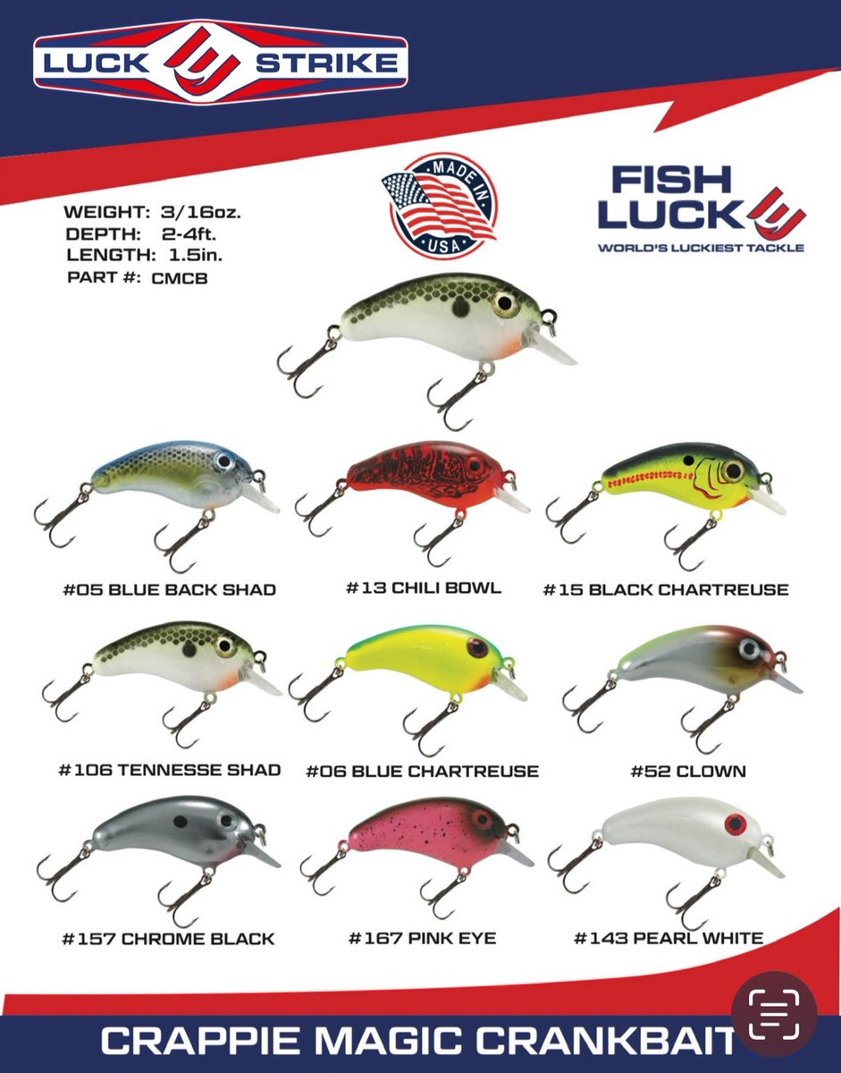 🎣 CRAPPIE MAGIC CRANKBAIT 🎣
Made in the USA 🇺🇸 – built for one thing: catching fish.

No-nonsense, exciting colors that crappie can’t resist. Perfect for streams and lakes. Troll them deep, cast them shallow, fish along docks, or from the bank or boat. Easy to use. Hard to