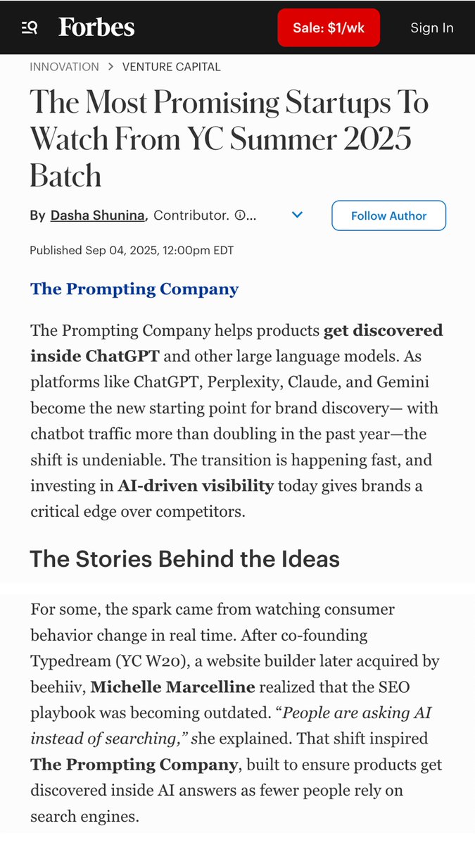 Michelle Marcelline (@michwirantono) on Twitter photo Look ma, we made it to FORBES 😭❤️ <a href="/promptingco/">The Prompting Company</a>
Honored to be included in the <a href="/ycombinator/">Y Combinator</a> S25 Top Promising Startups list alongside these amazing companies.
Thank you <a href="/dasha_shunina/">Dasha Shunina</a> <a href="/Forbes/">Forbes</a> for the feature!
forbes.com/sites/dariashu…
<a href="/AlbertPurnama/">Albert Purnama</a> <a href="/kvnchandra/">Kevin Chandra</a> Look ma, we made it to FORBES 😭❤️ <a href="/promptingco/">The Prompting Company</a>
Honored to be included in the <a href="/ycombinator/">Y Combinator</a> S25 Top Promising Startups list alongside these amazing companies.
Thank you <a href="/dasha_shunina/">Dasha Shunina</a> <a href="/Forbes/">Forbes</a> for the feature!
forbes.com/sites/dariashu…
<a href="/AlbertPurnama/">Albert Purnama</a> <a href="/kvnchandra/">Kevin Chandra</a>