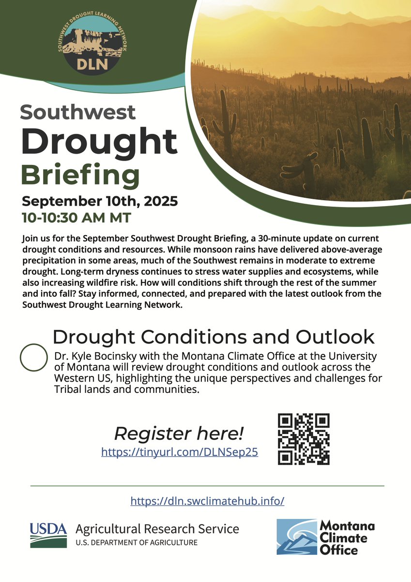 Southwest Drought Learning Network’s Drought Briefing is Sept. 10th at 9am AZ/10am MT

Learn the current drought conditions and outlook across the Western U.S., with a focus on the unique perspectives and challenges faced by Tribal lands and communities. 

loom.ly/F2_ZVrU