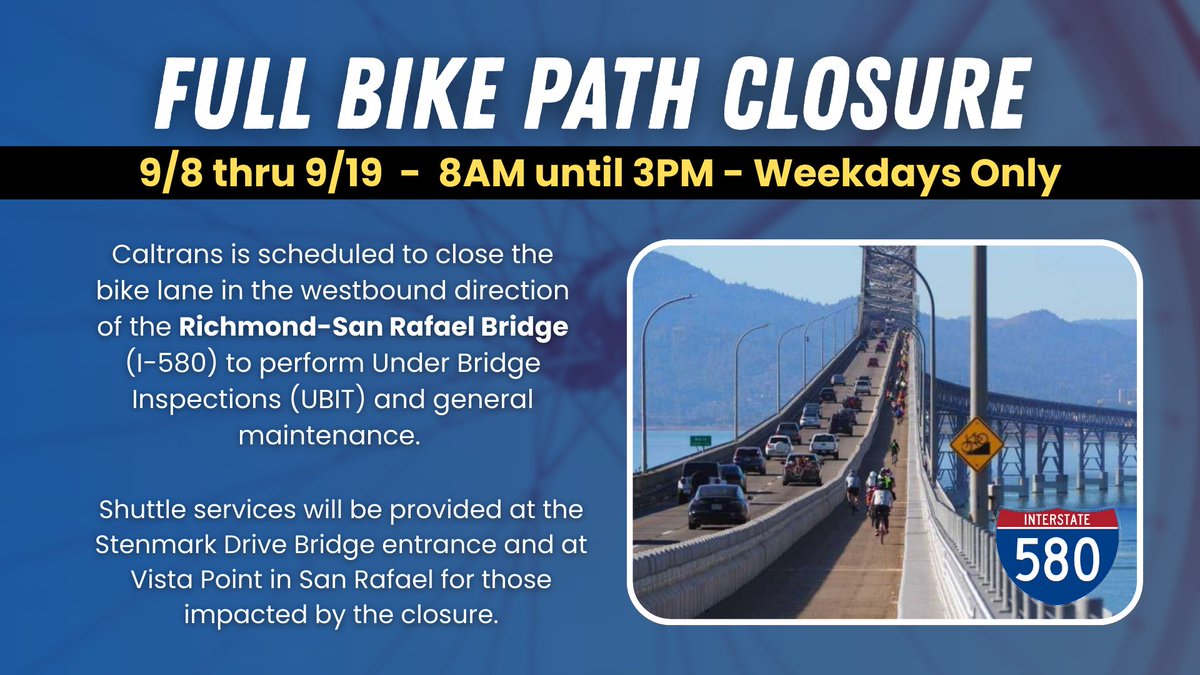 Caltrans is scheduled to close the bike lane in the westbound direction of the Richmond-San Rafael Bridge (I-580): Monday thru Friday, 8AM to 3PM each day during the weeks of 9/8 and 9/15/2025.

#bikelane #RichmondSanRafaelBridge #maintenance #RichmondCA #MarinCounty