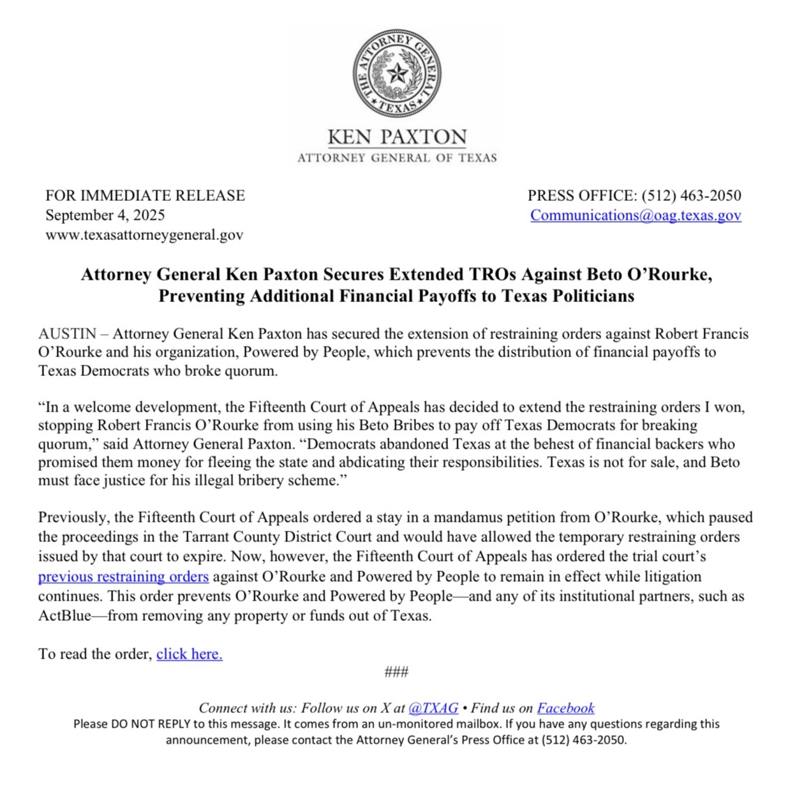 BREAKING: Another win against Beto. 

I've secured extended TROs against Beto O'Rourke, preventing additional financial payoffs to Texas politicians.

Texas is not for sale, and Beto must face justice for his illegal bribery scheme.