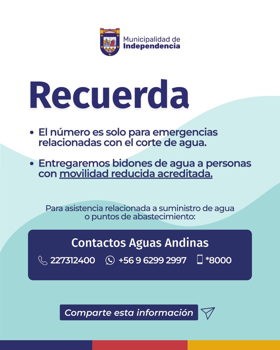 Muni_Indep's tweet photo. 🚨 ¡Atención vecinos! 🚨

Ante el corte de agua programado 💧 desde este viernes habilitaremos un número de Whats App 📱 para entregar apoyo sobre situaciones relacionadas con la emergencia. https://t.co/2XT3zaXgWe