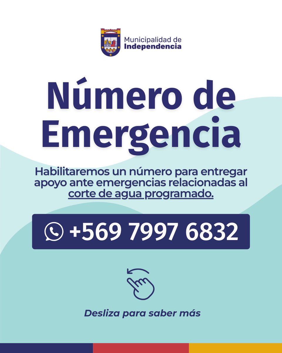 Muni_Indep's tweet photo. 🚨 ¡Atención vecinos! 🚨

Ante el corte de agua programado 💧 desde este viernes habilitaremos un número de Whats App 📱 para entregar apoyo sobre situaciones relacionadas con la emergencia. https://t.co/2XT3zaXgWe
