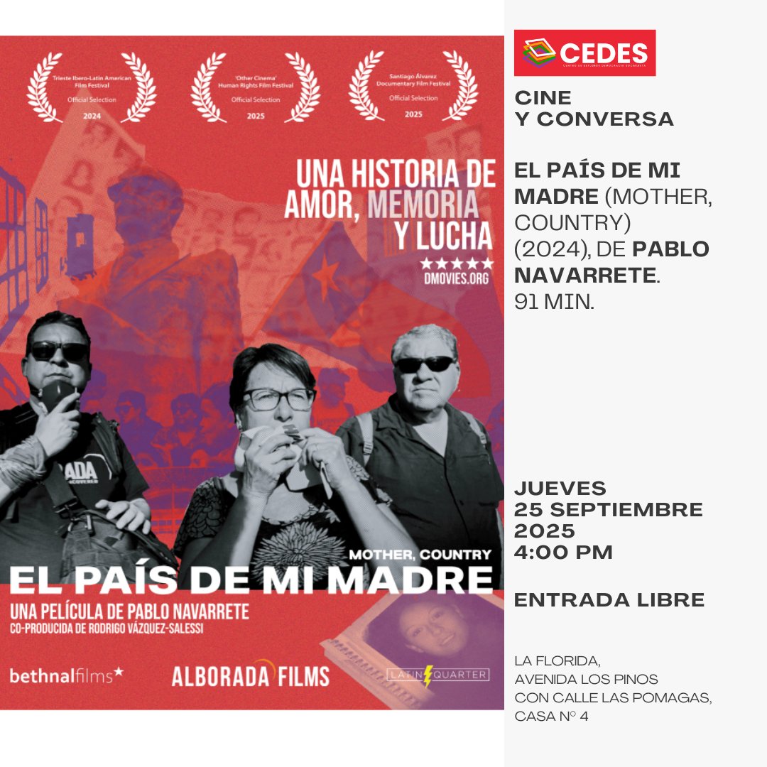 cedesve (@cedesve) on Twitter photo Cine y conversatorio:
Estreno nacional de "El país de mi madre" (Mother, Country) (2024, 91 min.), de Pablo Navarrete (<a href="/pablonav1/">Pablo Navarrete #StopArmingIsrael</a>) (<a href="/alboradafilms/">Alborada Films</a>).
Jueves 25 de septiembre de 2025 a las 4 pm.
Entrada libre.
La Florida, Avenida Los Pinos con calle Las Pomagas, casa número 4. Cine y conversatorio:
Estreno nacional de "El país de mi madre" (Mother, Country) (2024, 91 min.), de Pablo Navarrete (<a href="/pablonav1/">Pablo Navarrete #StopArmingIsrael</a>) (<a href="/alboradafilms/">Alborada Films</a>).
Jueves 25 de septiembre de 2025 a las 4 pm.
Entrada libre.
La Florida, Avenida Los Pinos con calle Las Pomagas, casa número 4.