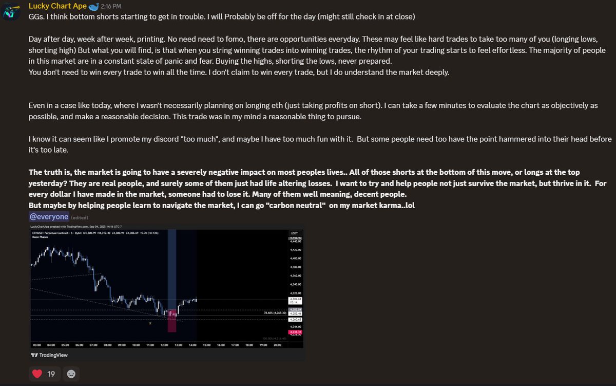 luckychartape's tweet photo. My only responsibility is to give you the opportunity, I cannot force you to take it. 
Yesterday I opened the $eth member channel to the public for free. I shorted the top. Earlier today I said you had an opportunity to join again, an I longed the bottom. 

Tomorrow morning, I will close the Eth channel to the public. You have until then to read through the channel, and begin the journey to change the way you view the market forever.