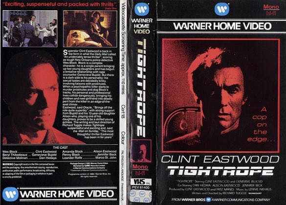 indieimmy's tweet image. Original rental VHS artwork of the film #Tightrope starring Clint Eastwood and directed by Richard Tuggle #tbt #artwork #vhs #bluray