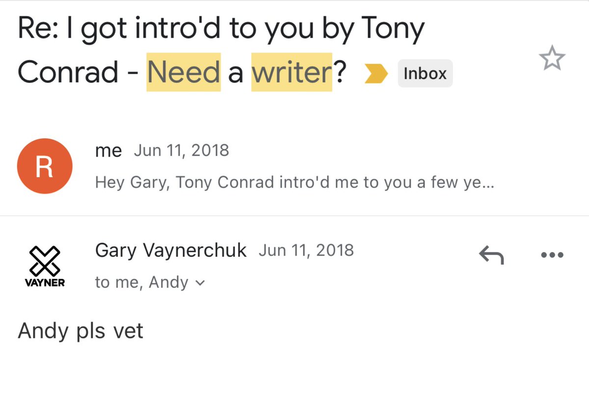 I cold emailed <a href="/garyvee/">Gary Vaynerchuk</a> in 2018 asking to be his blog writer, today marks 7 years since I started working for him and @vaynermedia and all the opportunities that have come since then. 

Always shoot your shot