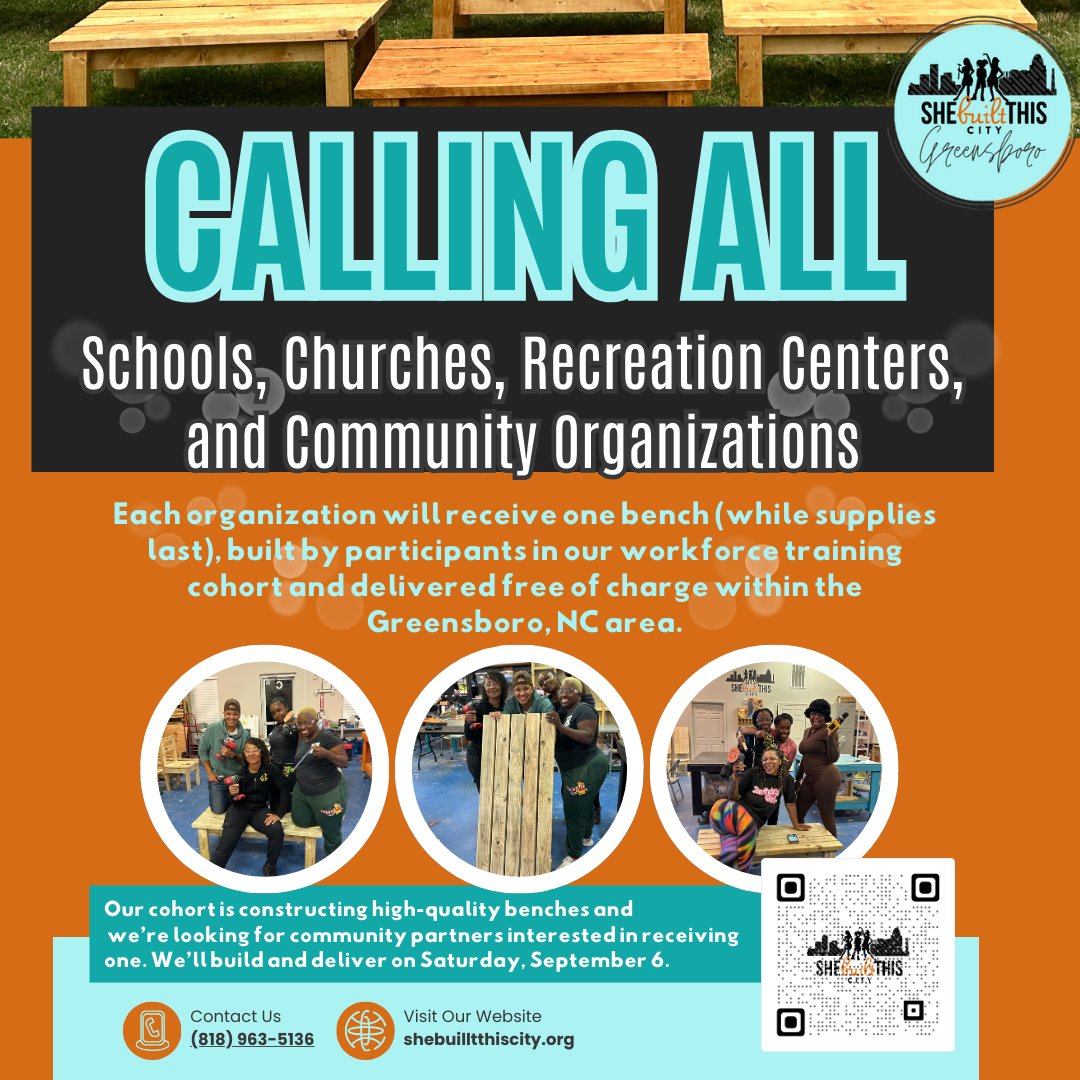 📣 Greensboro! 🛠️ Our workforce training cohort is building high-quality benches &amp; giving them to local orgs, free of charge! Schools, churches, rec centers &amp; more can claim one (while supplies last). Delivery Sept 6. Sign up now! #SBTCGreensboro ow.ly/2KIe50WRyWy