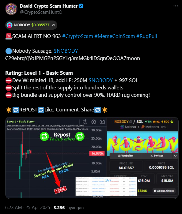 shousasamurai's tweet photo. @discoverylaunch @CryptoScamHuntO David is a weirdo, he doesn't know his own analysis, he even said $nobody is a scam, while now $nobody is the most viral token on Binance US https://t.co/uM2mjZ5CD6
