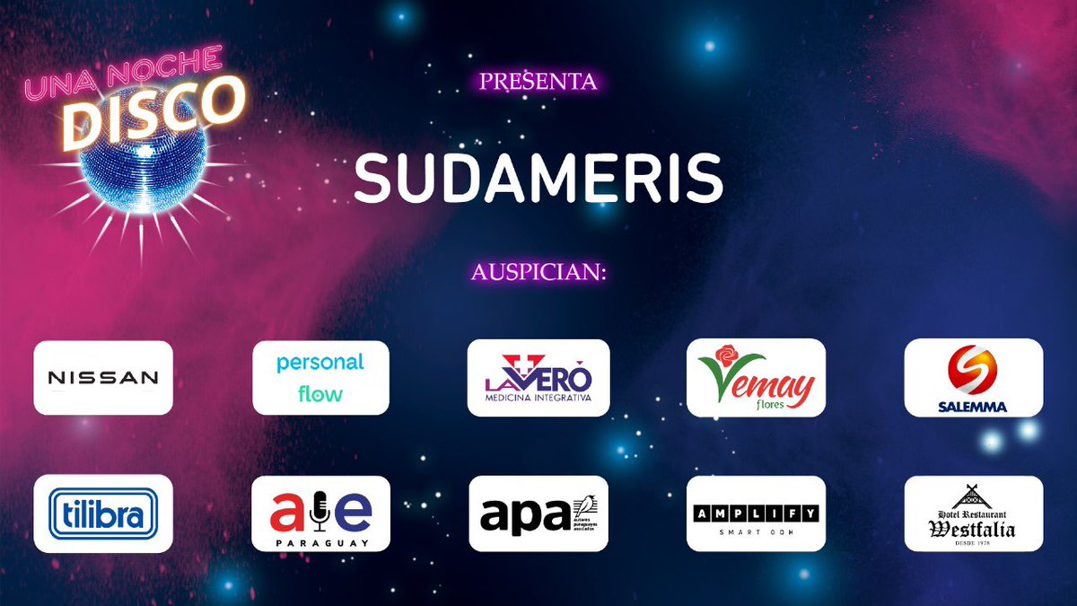 #UnaNocheDisco es posible gracias a las marcas que apoyan #ElEspecialdeLuisAlvarez. 

INFINITAS GRACIAS A TODOS ELLOS!!!

🪩🎤🎶 IMPERDIBLE EL SHOW DE MAÑANA!! 

5 de Setiembre
20:30 horas
Banco Central del Paraguay

Entradas en venta en Tuti.
120.000 Gs.

Delivery: 0982 699 111