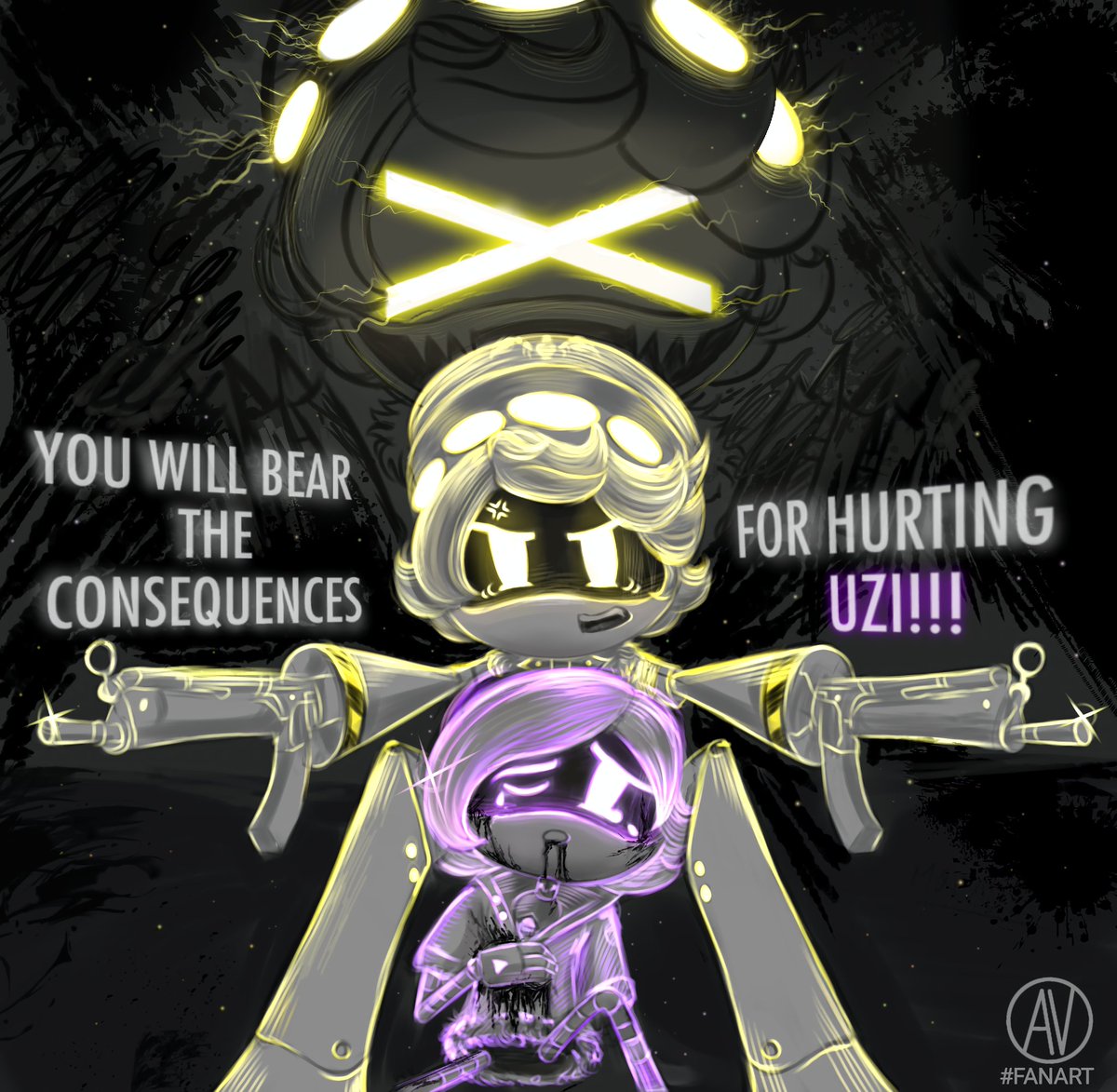 𝗬𝗢𝗨 𝗪𝗜𝗟𝗟 𝗕𝗘𝗔𝗥 𝗧𝗛𝗘 𝗖𝗢𝗡𝗦𝗘𝗤𝗨𝗘𝗡𝗖𝗘𝗦
𝗙𝗢𝗥 𝗛𝗨𝗥𝗧𝗜𝗡𝗚 𝗨𝗭𝗜 🗣
Idea by <a href="/nuaazka_017/">nasgor 🍛 || Damn it for art style ||</a>💛💜
(I drew this art on my phone🥲)
#Nuzi #SerialDesignationN
#UziDoorman #MurderdronesN #murderdronesUzi #murderdronesfanart