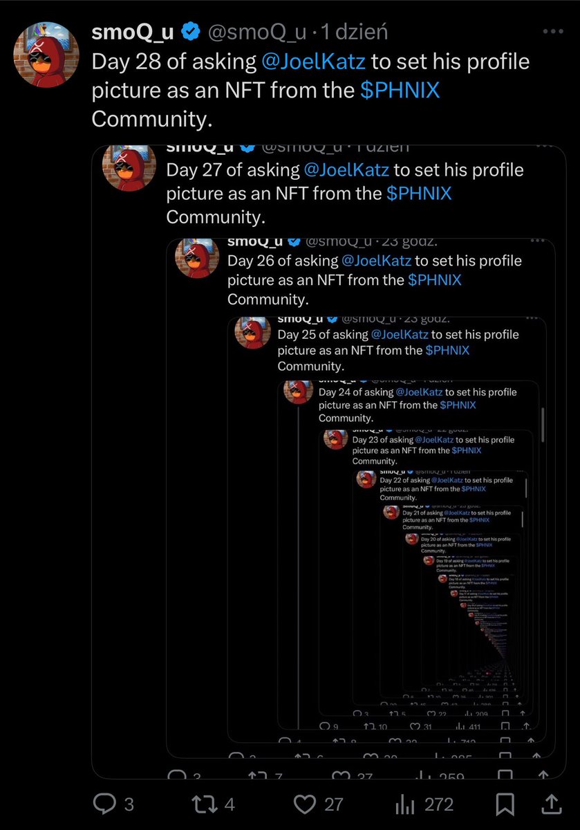 smoQ_u (@smoq_u) on Twitter photo Day 29 of asking <a href="/JoelKatz/">David 'JoelKatz' Schwartz</a> to set his profile picture as an NFT from the $PHNIX Community. Day 29 of asking <a href="/JoelKatz/">David 'JoelKatz' Schwartz</a> to set his profile picture as an NFT from the $PHNIX Community.