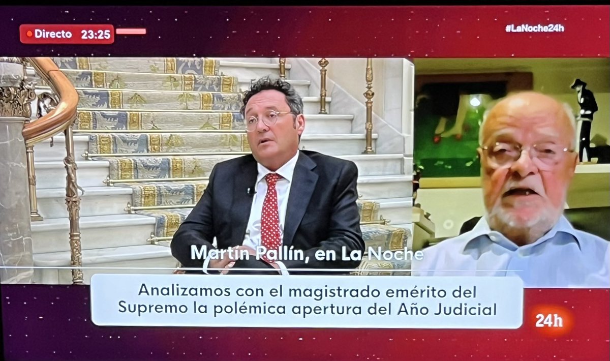 El magistrado emérito del supremo, Martín Pallín, opina que el FGE, Álvaro García Ortiz, puede y debe ir mañana a la Apertura del Año Judicial. 
Además explica la barbaridad de la investigación y lo escandaloso y esperpéntico que le parece todo el caso montado contra el FG. #24h