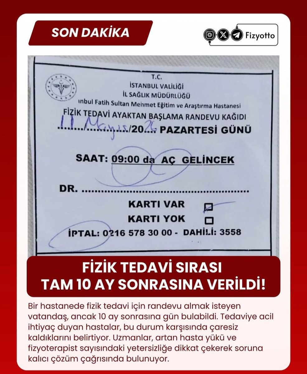 📢📢 İstanbul Fatih Sultan Mehmet Eğitim Araştırma Hastanesi'nde 11 Mayıs 2026 tarihine Fizik tedavi sırası veriliyor 

Fakat 20 milyon insanın yaşadığı İstanbul'a sadece 18 Fizyoterapist istihdamı yapılırken 

Bir Kamu hastanesi ise Taşeron sistem ile 15 Fizyoterapist alımı