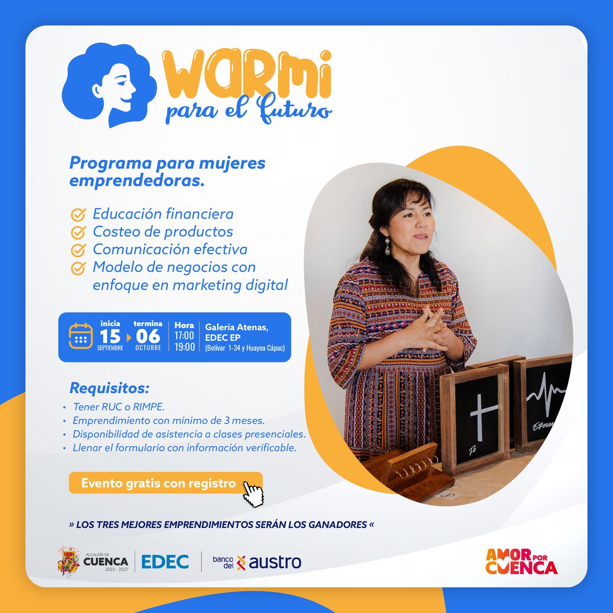 ¡Atención, mujeres emprendedoras! 📣

 Banco del Austro y EDEC EP te invitan a participar manera GRATUITA del programa WARMI PARA EL FUTURO.  

📅 Del 15 de septiembre al 06 de octubre de 2025
🕣 17:00

  Inscríbete en el enlace 👇 forms.gle/NgSe3oQErPBomf…

<a href="/BancodelAustro/">Banco del Austro</a>