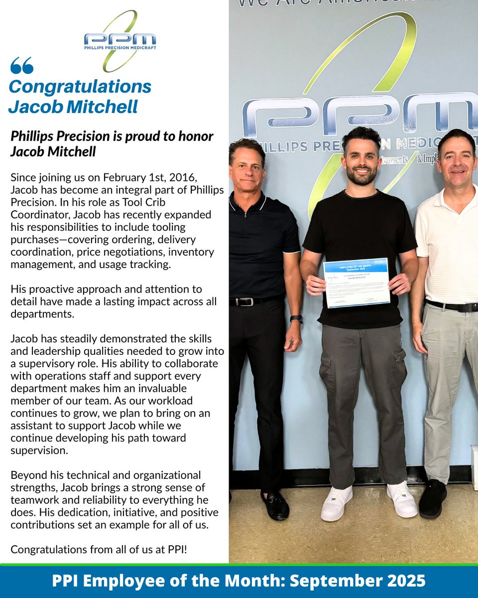 Phillips Precision is proud to recognize Jacob Mitchell as our employee of the month. His dedication, initiative, proactive approach, attention to detail, and positive contributions set a great example for all of us.

Congratulations from everyone at PPI!

#TeamPPI
