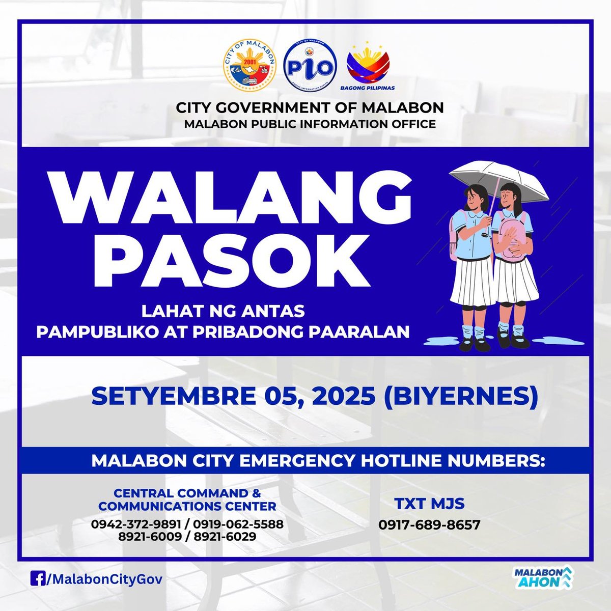 dzbb's tweet photo. MALABON CITY — #WalangPasok sa lahat ng antas sa mga pampubliko at pribadong paaralan ngayong Biyernes, September 05, 2025, dahil sa masamang panahon. | via Malabon City Government/FB https://t.co/pU2GulybFX