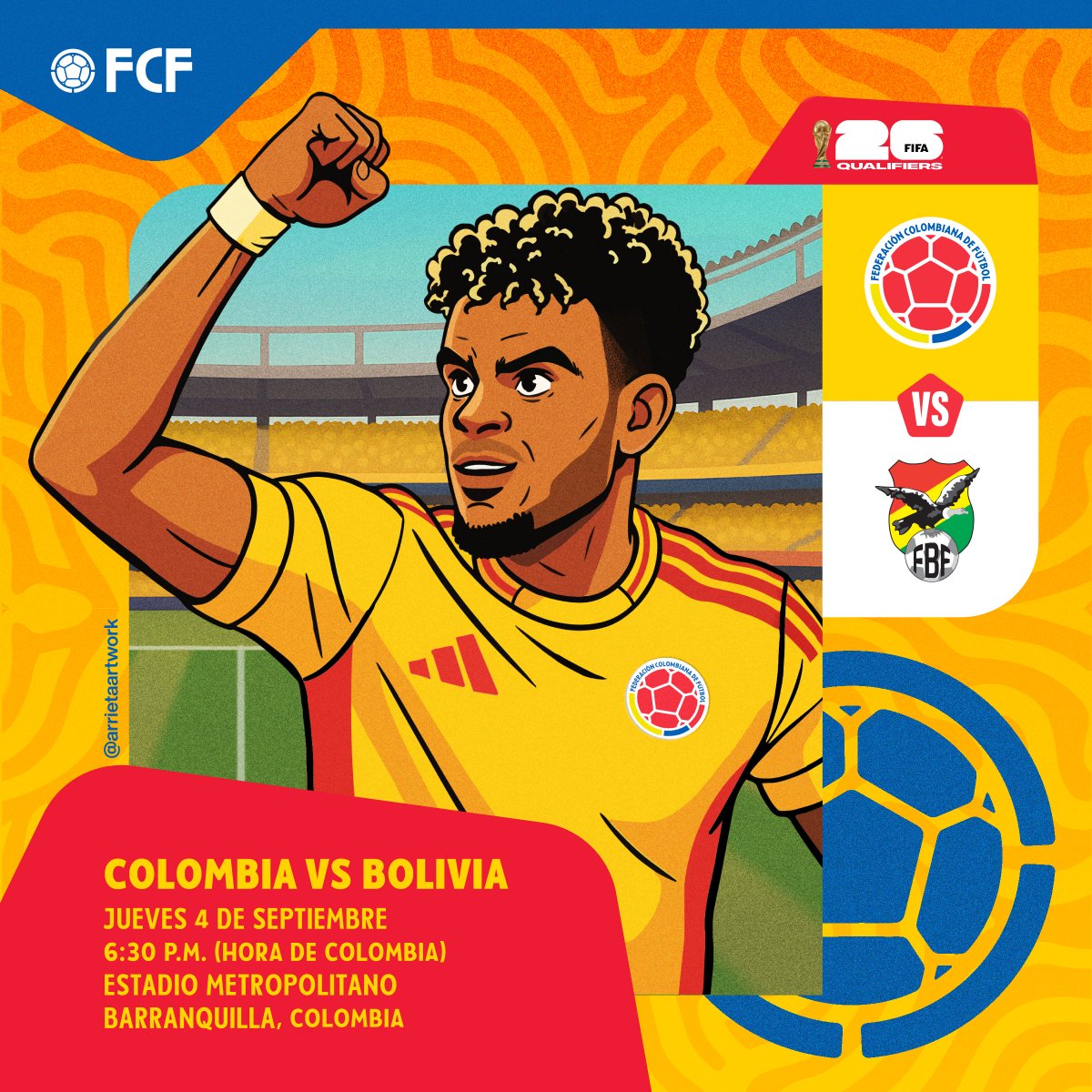 Mi versión del "match day art"🎨 para el partido de hoy. Con <a href="/LuisFDiaz19/">Luis Fernando Díaz</a> como protagonista, salimos a dejar el alma y la piel en la última batalla en casa⚽️

#FIFAWorldCup  #seleccioncolombia #colombia
#illustration #footballart #football #Artwork 
#LaSeleNosUne🇨🇴