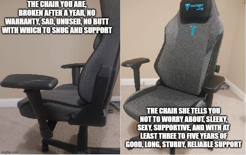 My chair was shipped after the slightest amount of shipping time--literally two days from order it arrived. My butt has been revolutionized. #secretlab *is* actually what it's cracked up to be.

Enjoy meme of chair comparison.