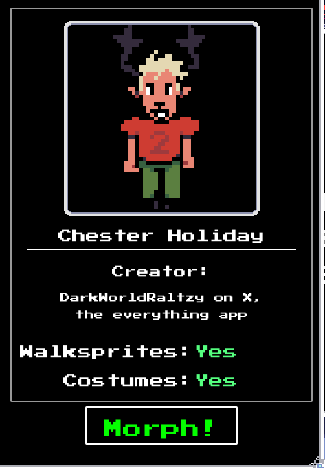 DarkWorldRaltzy's tweet photo. You can now play as Chester Holiday in CHECHO'S DELTARUNE RP! (You can find him in the OC book)
He's got a couple costumes and expressions :3
If you do anything with him, send me screenshots! https://t.co/IayZ1xuC4v