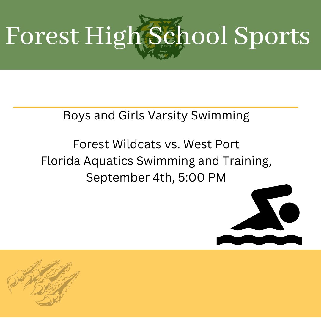 Time to make a splash🌊🙀 Our forest swim team faces west port tonight at 5, let’s get a win!!💚💛 <a href="/FHS_Athletics1/">FHS Wildcat Athletics</a>