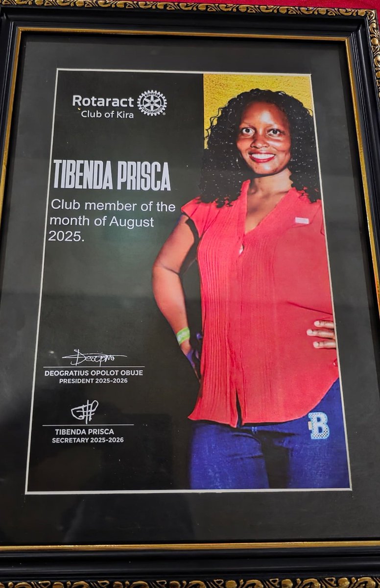 Today, Rotaract club of Kira chose me as their member of the month of August 2025, thanks alot guys for looking out for me and appreciating.  May God richly bless you 
#Together we can as Rac Kira