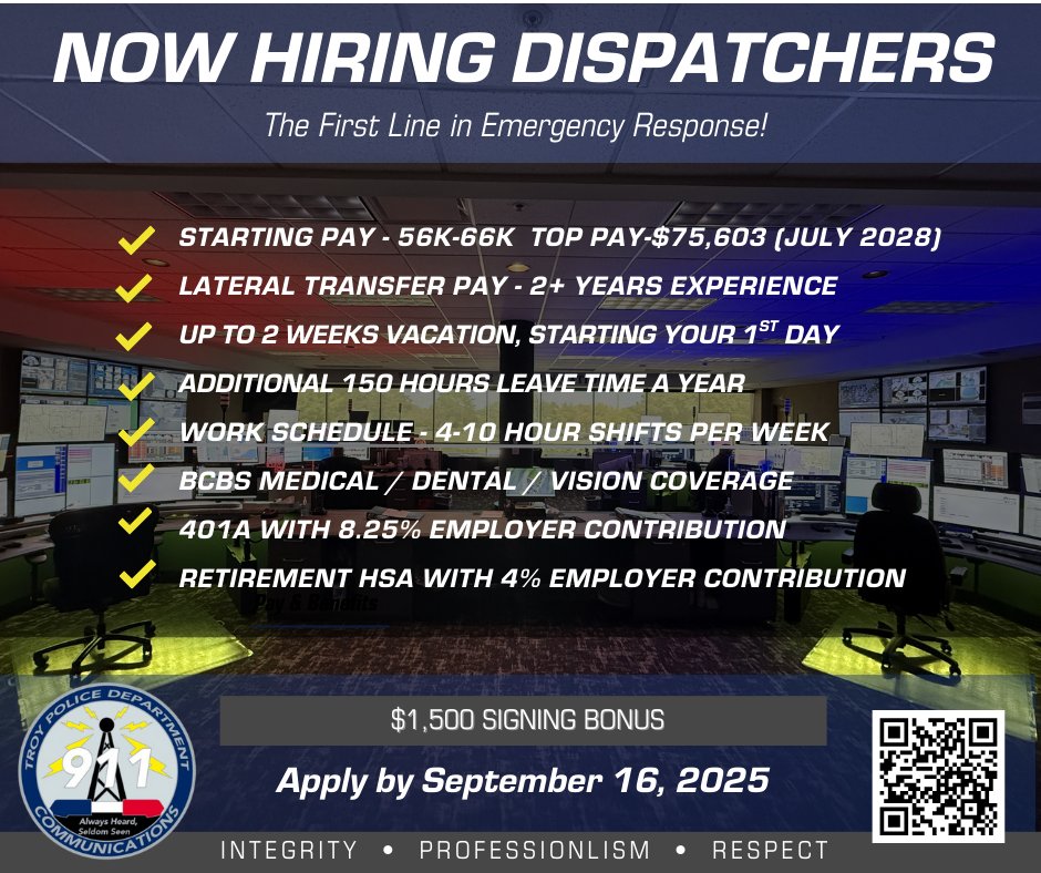 TroyMI_Police's tweet image. #troypd is now accepting applications for DISPATCHERS!

Be a part of the First Line in Emergency Response!

Apply below by September 16, 2025!
tinyurl.com/3djmszvu

Please share with any interested candidates.  Thank you! #dispatch #dispatcher #dispatchtraining