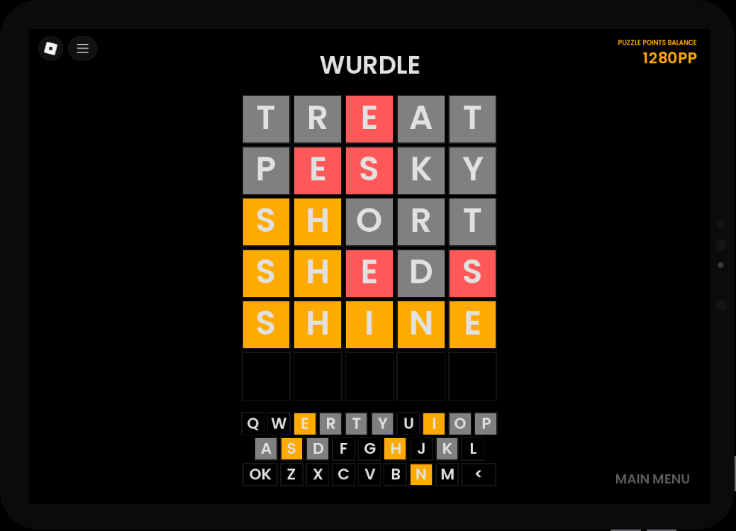 Just like that "Wurdle" is added with a massive repository of possible words, and possible guesses, just need to add more sounds and a bit of polishing.

roblox.com/games/71033596…
#RobloxDev #RBXDev