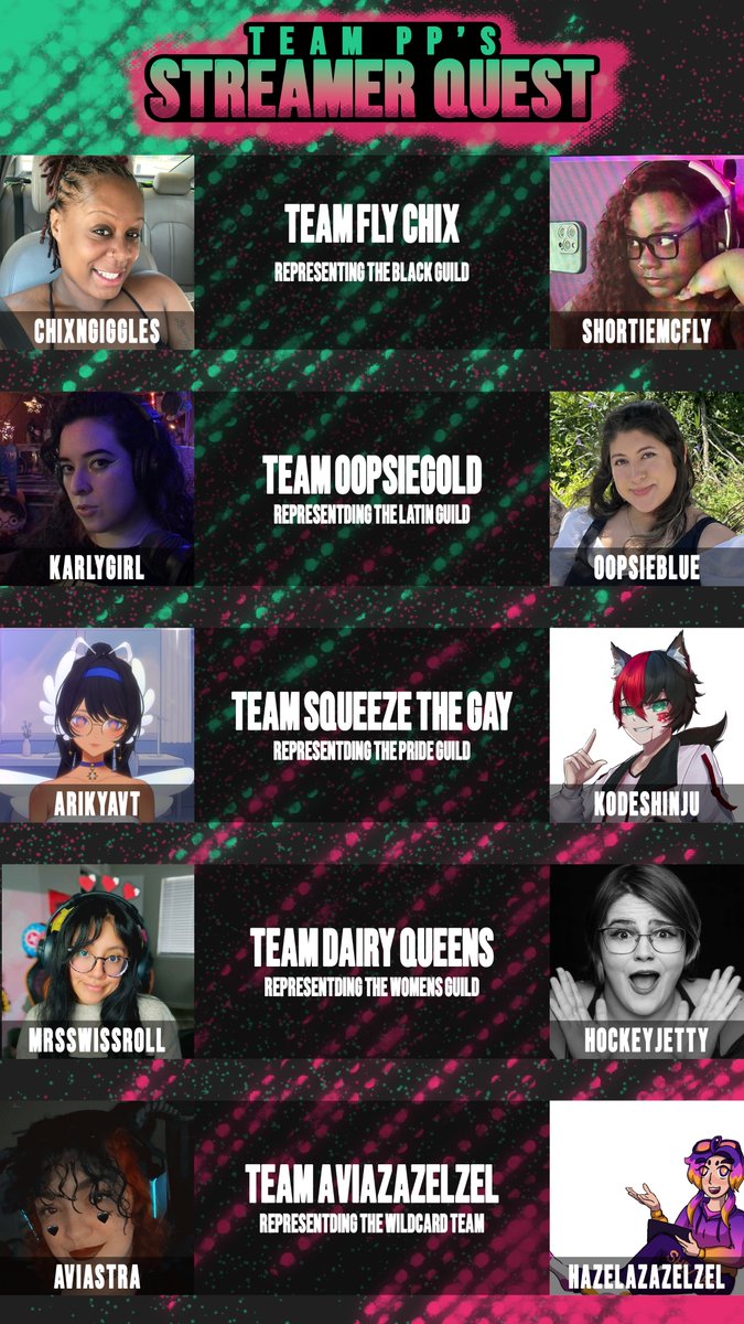 TEAM PP IS BACK! We'd like to invite you to our game show STREAMER QUEST!

Two Members from each Twitch Unity Guild are Teamed up completing the Quest's put together by Pixel and Pearl! After a month long journey of their hard work creating content for YOU to see Sept 6th 5pm MDT