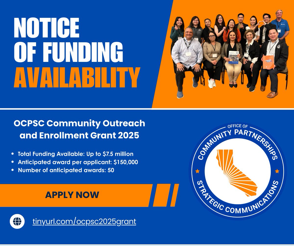 📢📢📢 BIG NEWS: Applications for the Community Outreach and Enrollment Grant 2025 are now open!
 
•Total Funding Available: Up to $7.5 million 
•Anticipated award per applicant: $150,000 
•Number of anticipated awards: 50  
 
To learn more, visit: ocpsc.ca.gov/grant-opportun…