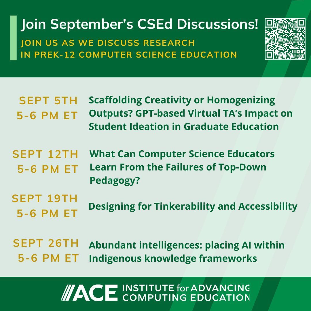 CSEdResearch's tweet image. Be a part of the dialogue and bridge the gap between research findings and classroom practices with the #CSEd Discussion Group! For more details on each week&apos;s topics, visit us at bit.ly/CSEdDiscussion…