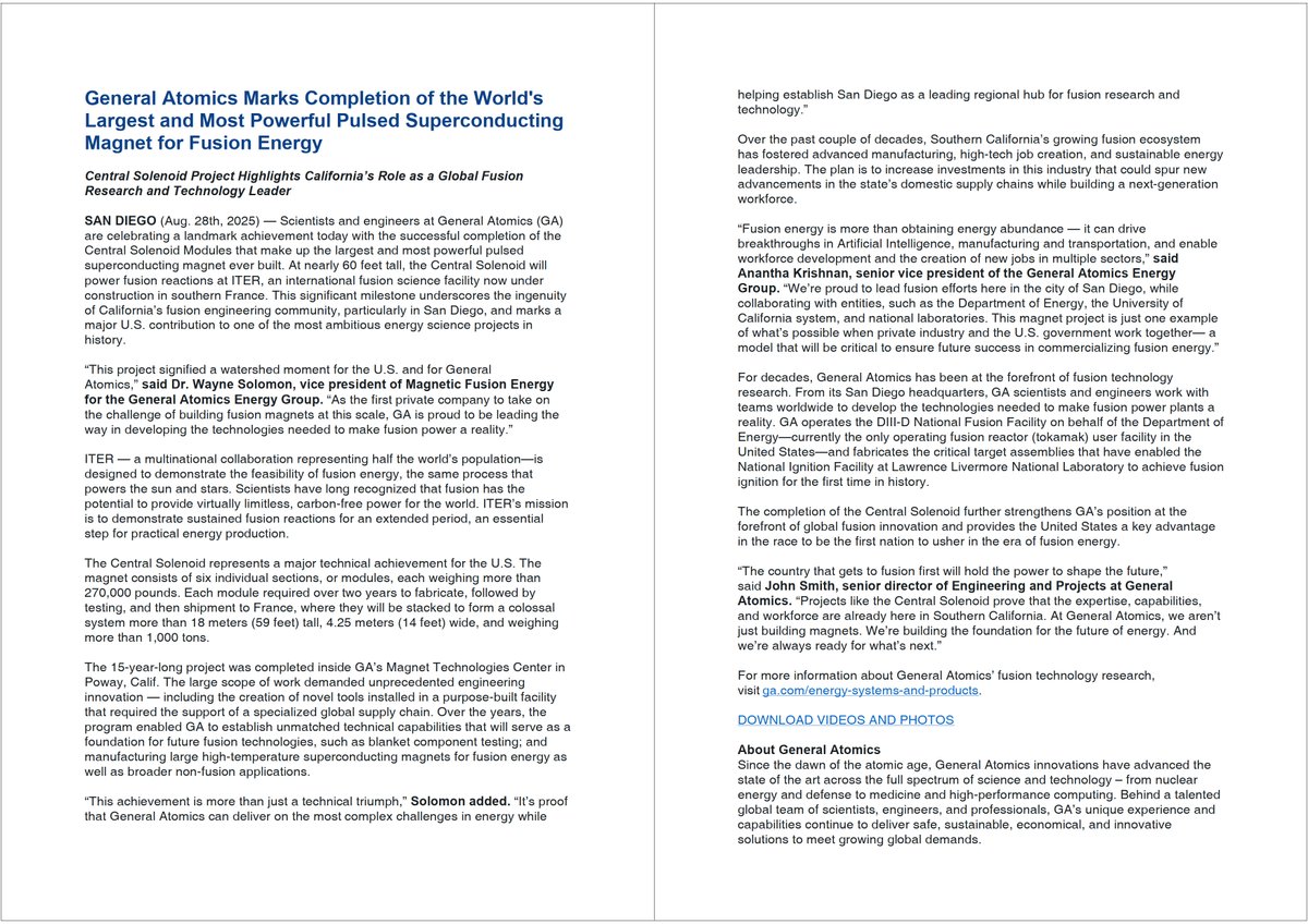 Fusion/
General Atomics marks completion of ITER’s superconducting fusion magnet

Last week celebrated the completion of the central solenoid modules for the ITER tokamak reactor being built in southern France.