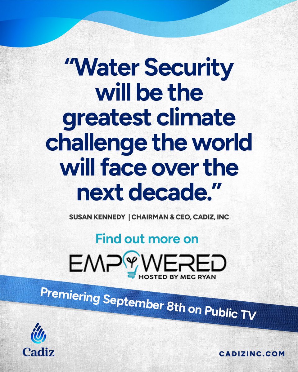 💧 Cadiz CEO Susan Kennedy &amp; Board Member Maria Echaveste join leaders incl. Mayor Aquanetta Warren &amp; Chairman David Sickey in a new Empowered with Meg Ryan segment on the future of water access.

📺 Airs Sept. 8 nationwide. Watch now: cadizinc.com/about/publictv…

#CleanWater