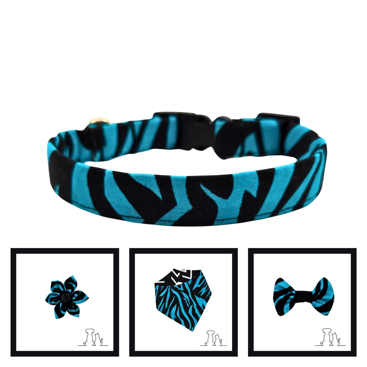 Bold &amp; stylish! 🐾 Ankara Teal &amp; Black Zebra Print Dog Collar Ensemble with reversible bandana, bow tie, or flower. The perfect African print accessory for your pup! #dogsoftwitter #craftbizparty #doglover #BlackGirlMagic 
 etsy.me/4mQNscD via <a href="/Etsy/">Etsy</a>