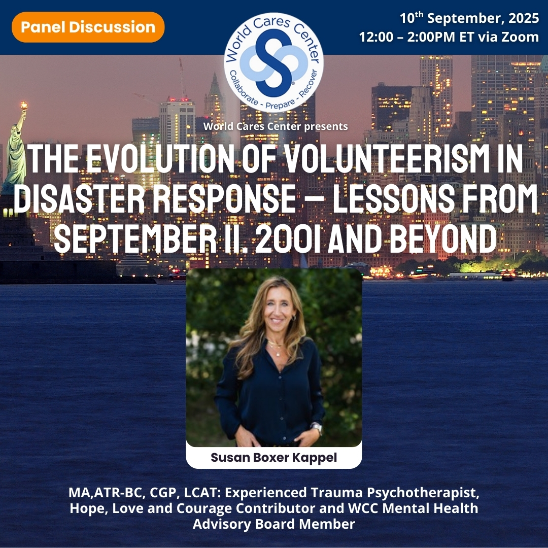 JoinSusan Boxer Kappel, MA, ATR-BC, LCAT, CGP, CCATP, CMNCS &amp; experts for a panel on disaster response on Sept 10, 12 PM ET via Zoom! Register: ow.ly/J8bU50WtExG #DisasterResponse #Volunteerism #911Day